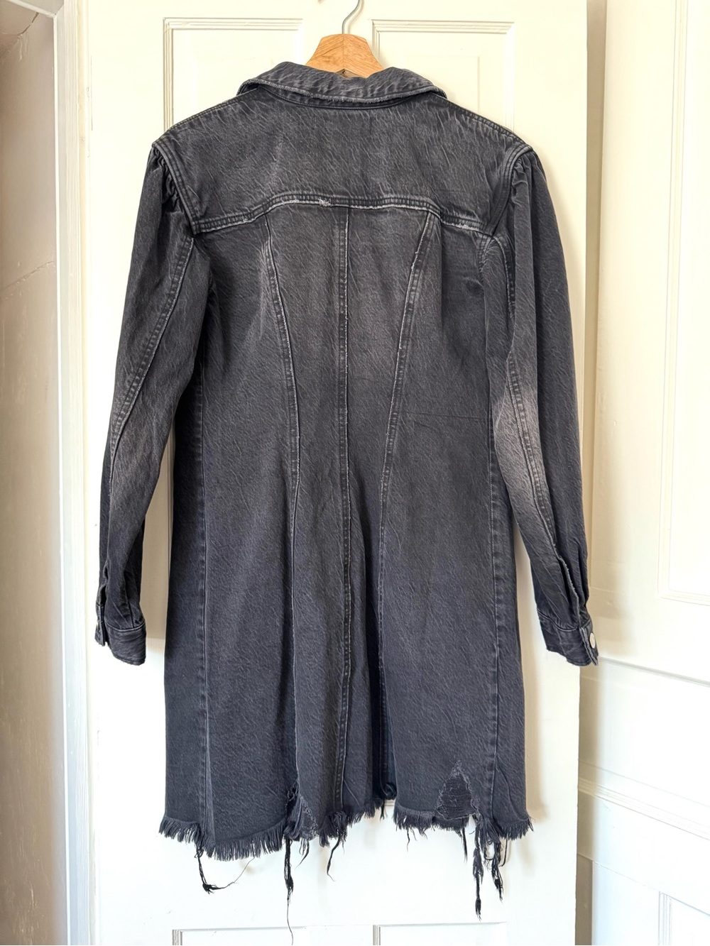 We The Free Washed Black Long Denim Jacket Distressed Over Coat - Picture 8 of 10